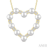 4 MM Round Shape Cultured Pearl and 1/3 Ctw Round Cut Diamond Heart Shape Pendant With Chain in 14K Yellow Gold
